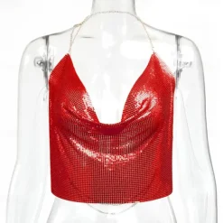 Women Metal Sequin Sparkle Glitter Tank Deep V Neck Spaghetti Strap Backless Chain Halter Crop Tops Party Blouse 1980s Disco Party Club