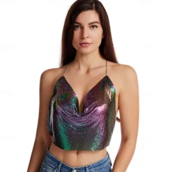 Women Metal Sequin Sparkle Glitter Tank Deep V Neck Spaghetti Strap Backless Chain Halter Crop Tops Party Blouse 1980s Disco Party Club