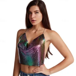 Women Metal Sequin Sparkle Glitter Tank Deep V Neck Spaghetti Strap Backless Chain Halter Crop Tops Party Blouse 1980s Disco Party Club