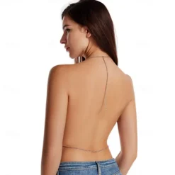 Women Metal Sequin Sparkle Glitter Tank Deep V Neck Spaghetti Strap Backless Chain Halter Crop Tops Party Blouse 1980s Disco Party Club