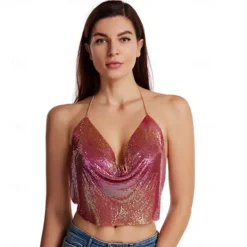 Women Metal Sequin Sparkle Glitter Tank Deep V Neck Spaghetti Strap Backless Chain Halter Crop Tops Party Blouse 1980s Disco Party Club