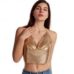 Women Metal Sequin Sparkle Glitter Tank Deep V Neck Spaghetti Strap Backless Chain Halter Crop Tops Party Blouse 1980s Disco Party Club