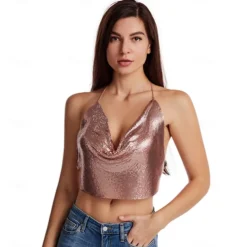 Women Metal Sequin Sparkle Glitter Tank Deep V Neck Spaghetti Strap Backless Chain Halter Crop Tops Party Blouse 1980s Disco Party Club