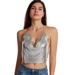 Women Metal Sequin Sparkle Glitter Tank Deep V Neck Spaghetti Strap Backless Chain Halter Crop Tops Party Blouse 1980s Disco Party Club
