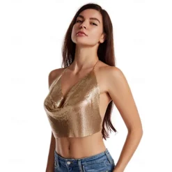 Women Metal Sequin Sparkle Glitter Tank Deep V Neck Spaghetti Strap Backless Chain Halter Crop Tops Party Blouse 1980s Disco Party Club
