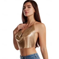 Women Metal Sequin Sparkle Glitter Tank Deep V Neck Spaghetti Strap Backless Chain Halter Crop Tops Party Blouse 1980s Disco Party Club