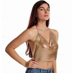 Women Metal Sequin Sparkle Glitter Tank Deep V Neck Spaghetti Strap Backless Chain Halter Crop Tops Party Blouse 1980s Disco Party Club