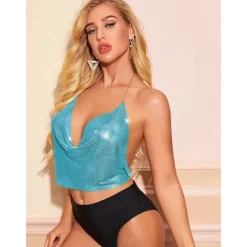 Women Metal Sequin Sparkle Glitter Tank Deep V Neck Spaghetti Strap Backless Chain Halter Crop Tops Party Blouse 1980s Disco Party Club