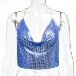 Women Metal Sequin Sparkle Glitter Tank Deep V Neck Spaghetti Strap Backless Chain Halter Crop Tops Party Blouse 1980s Disco Party Club