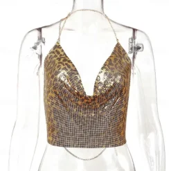 Women Metal Sequin Sparkle Glitter Tank Deep V Neck Spaghetti Strap Backless Chain Halter Crop Tops Party Blouse 1980s Disco Party Club