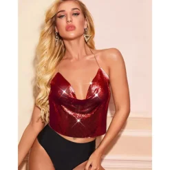 Women Metal Sequin Sparkle Glitter Tank Deep V Neck Spaghetti Strap Backless Chain Halter Crop Tops Party Blouse 1980s Disco Carnival Party Evening Club