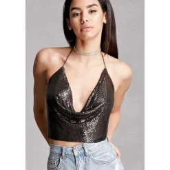 Women Metal Sequin Sparkle Glitter Tank Deep V Neck Spaghetti Strap Backless Chain Halter Crop Tops Party Blouse 1980s Disco Carnival Party Evening Club