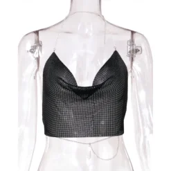 Women Metal Sequin Sparkle Glitter Tank Deep V Neck Spaghetti Strap Backless Chain Halter Crop Tops Party Blouse 1980s Disco Carnival Party Evening Club