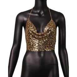 Women Metal Sequin Sparkle Glitter Tank Deep V Neck Spaghetti Strap Backless Chain Halter Crop Tops Party Blouse 1980s Disco Carnival Party Evening Club