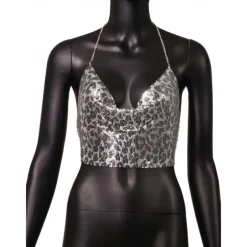 Women Metal Sequin Sparkle Glitter Tank Deep V Neck Spaghetti Strap Backless Chain Halter Crop Tops Party Blouse 1980s Disco Carnival Party Evening Club