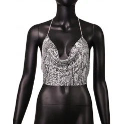 Women Metal Sequin Sparkle Glitter Tank Deep V Neck Spaghetti Strap Backless Chain Halter Crop Tops Party Blouse 1980s Disco Carnival Party Evening Club