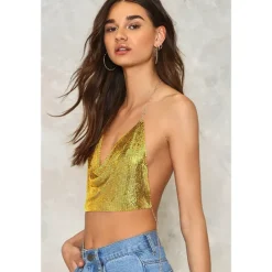 Women Metal Sequin Sparkle Glitter Tank Deep V Neck Spaghetti Strap Backless Chain Halter Crop Tops Party Blouse 1980s Disco Carnival Party Evening Club