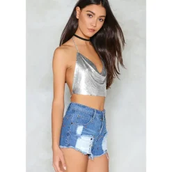 Women Metal Sequin Sparkle Glitter Tank Deep V Neck Spaghetti Strap Backless Chain Halter Crop Tops Party Blouse 1980s Disco Carnival Party Evening Club