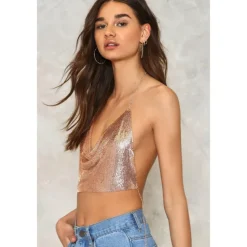 Women Metal Sequin Sparkle Glitter Tank Deep V Neck Spaghetti Strap Backless Chain Halter Crop Tops Party Blouse 1980s Disco Carnival Party Evening Club