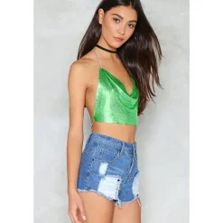 Women Metal Sequin Sparkle Glitter Tank Deep V Neck Spaghetti Strap Backless Chain Halter Crop Tops Party Blouse 1980s Disco Carnival Party Evening Club