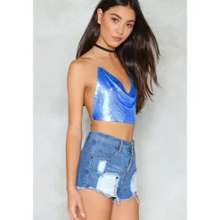 Women Metal Sequin Sparkle Glitter Tank Deep V Neck Spaghetti Strap Backless Chain Halter Crop Tops Party Blouse 1980s Disco Carnival Party Evening Club