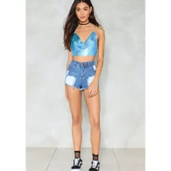 Women Metal Sequin Sparkle Glitter Tank Deep V Neck Spaghetti Strap Backless Chain Halter Crop Tops Party Blouse 1980s Disco Carnival Party Evening Club