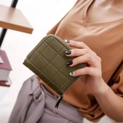 Women PU Leather Short Wallets Female Plaid Purses Nubuck Card Holder Wallet Small Zipper Wallet with Coin Purse for Women