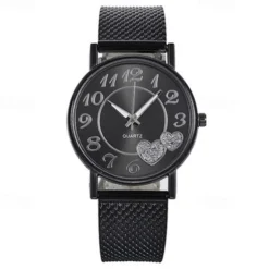 Women Quartz Wristwatch Luxury Minimalist Bling Diamond Analog Wristwatch Love Heart Dial Elegant Mesh Belt Female Watch