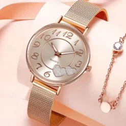 Women Quartz Wristwatch Luxury Minimalist Bling Diamond Analog Wristwatch Love Heart Dial Elegant Mesh Belt Female Watch