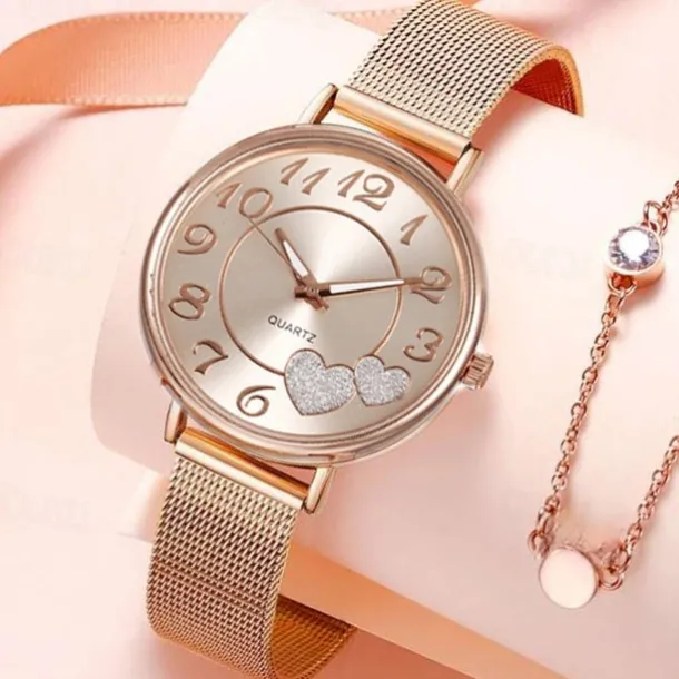 Women Quartz Wristwatch Luxury Minimalist Bling Diamond Analog Wristwatch Love Heart Dial Elegant Mesh Belt Female Watch