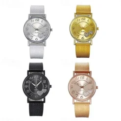 Women Quartz Wristwatch Luxury Minimalist Bling Diamond Analog Wristwatch Love Heart Dial Elegant Mesh Belt Female Watch