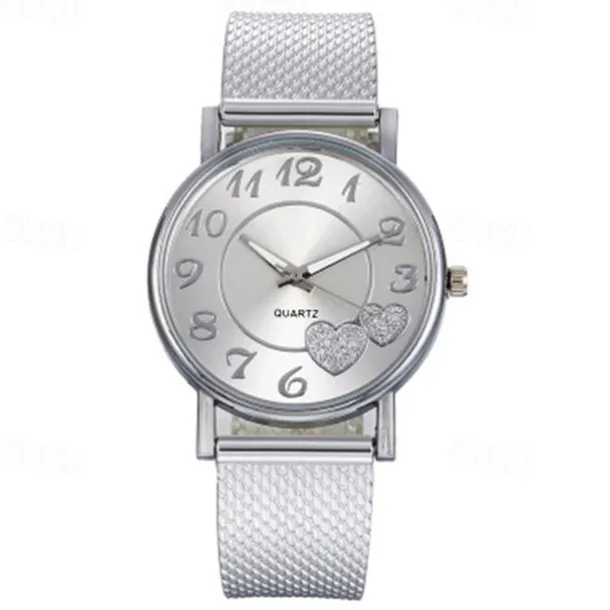Women Quartz Wristwatch Luxury Minimalist Bling Diamond Analog Wristwatch Love Heart Dial Elegant Mesh Belt Female Watch
