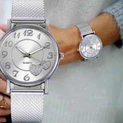 Women Quartz Wristwatch Luxury Minimalist Bling Diamond Analog Wristwatch Love Heart Dial Elegant Mesh Belt Female Watch