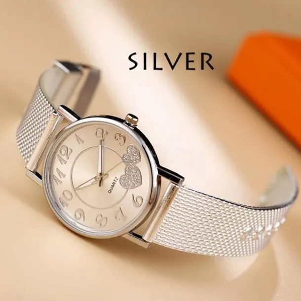 Women Quartz Wristwatch Luxury Minimalist Bling Diamond Analog Wristwatch Love Heart Dial Elegant Mesh Belt Female Watch
