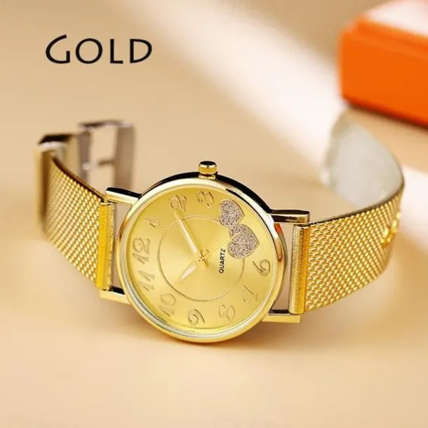 Women Quartz Wristwatch Luxury Minimalist Bling Diamond Analog Wristwatch Love Heart Dial Elegant Mesh Belt Female Watch