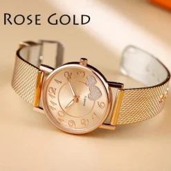 Women Quartz Wristwatch Luxury Minimalist Bling Diamond Analog Wristwatch Love Heart Dial Elegant Mesh Belt Female Watch
