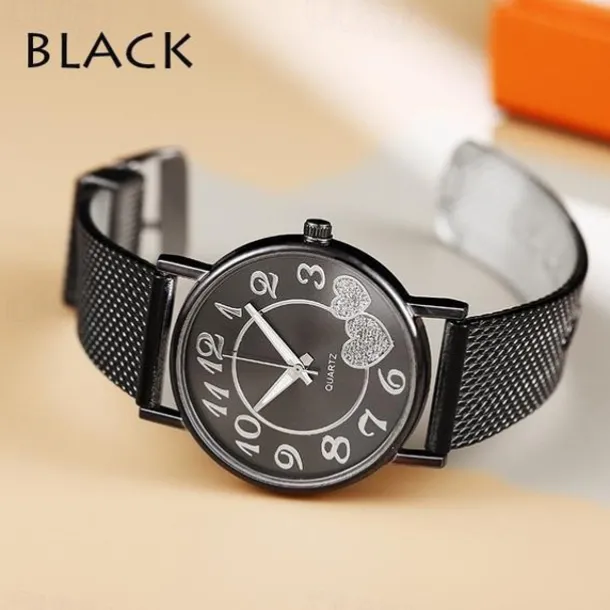 Women Quartz Wristwatch Luxury Minimalist Bling Diamond Analog Wristwatch Love Heart Dial Elegant Mesh Belt Female Watch