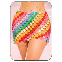 Women Sequin Rainbow Chainmail Mini Skirt Sparkly Dots Belly Dance Hip Skirts Rave Waist Chain