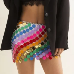 Women Sequin Rainbow Chainmail Mini Skirt Sparkly Dots Belly Dance Hip Skirts Rave Waist Chain