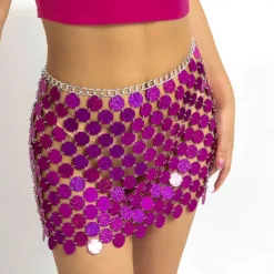 Women Sequin Rainbow Chainmail Mini Skirt Sparkly Dots Belly Dance Hip Skirts Rave Waist Chain