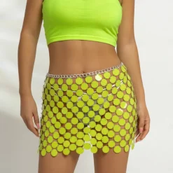 Women Sequin Rainbow Chainmail Mini Skirt Sparkly Dots Belly Dance Hip Skirts Rave Waist Chain