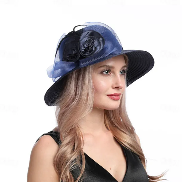 Women Wide Brim Bowler Hat Vintage Floral Wool Felt Fedora Floppy Elegant Fascinator Hat with Veil Lady Church Party Bucket