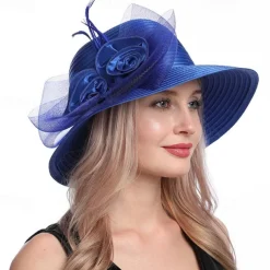 Women Wide Brim Bowler Hat Vintage Floral Wool Felt Fedora Floppy Elegant Fascinator Hat with Veil Lady Church Party Bucket