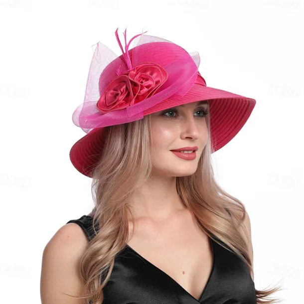 Women Wide Brim Bowler Hat Vintage Floral Wool Felt Fedora Floppy Elegant Fascinator Hat with Veil Lady Church Party Bucket