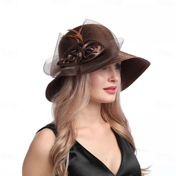 Women Wide Brim Bowler Hat Vintage Floral Wool Felt Fedora Floppy Elegant Fascinator Hat with Veil Lady Church Party Bucket