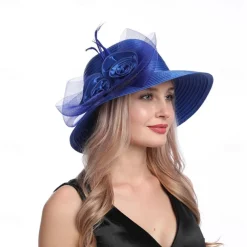 Women Wide Brim Bowler Hat Vintage Floral Wool Felt Fedora Floppy Elegant Fascinator Hat with Veil Lady Church Party Bucket