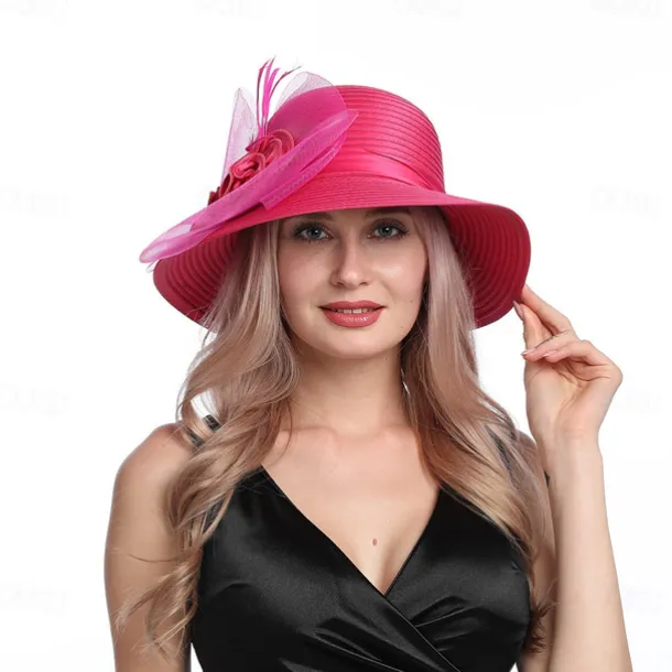 Women Wide Brim Bowler Hat Vintage Floral Wool Felt Fedora Floppy Elegant Fascinator Hat with Veil Lady Church Party Bucket