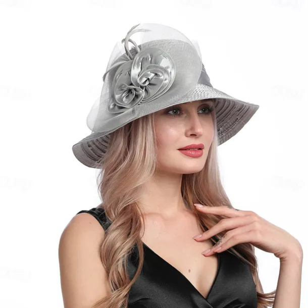 Women Wide Brim Bowler Hat Vintage Floral Wool Felt Fedora Floppy Elegant Fascinator Hat with Veil Lady Church Party Bucket