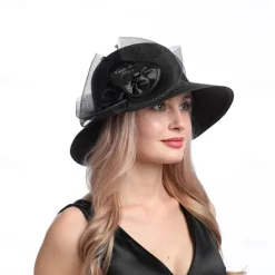 Women Wide Brim Bowler Hat Vintage Floral Wool Felt Fedora Floppy Elegant Fascinator Hat with Veil Lady Church Party Bucket