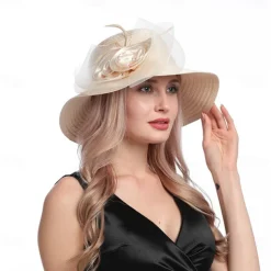 Women Wide Brim Bowler Hat Vintage Floral Wool Felt Fedora Floppy Elegant Fascinator Hat with Veil Lady Church Party Bucket